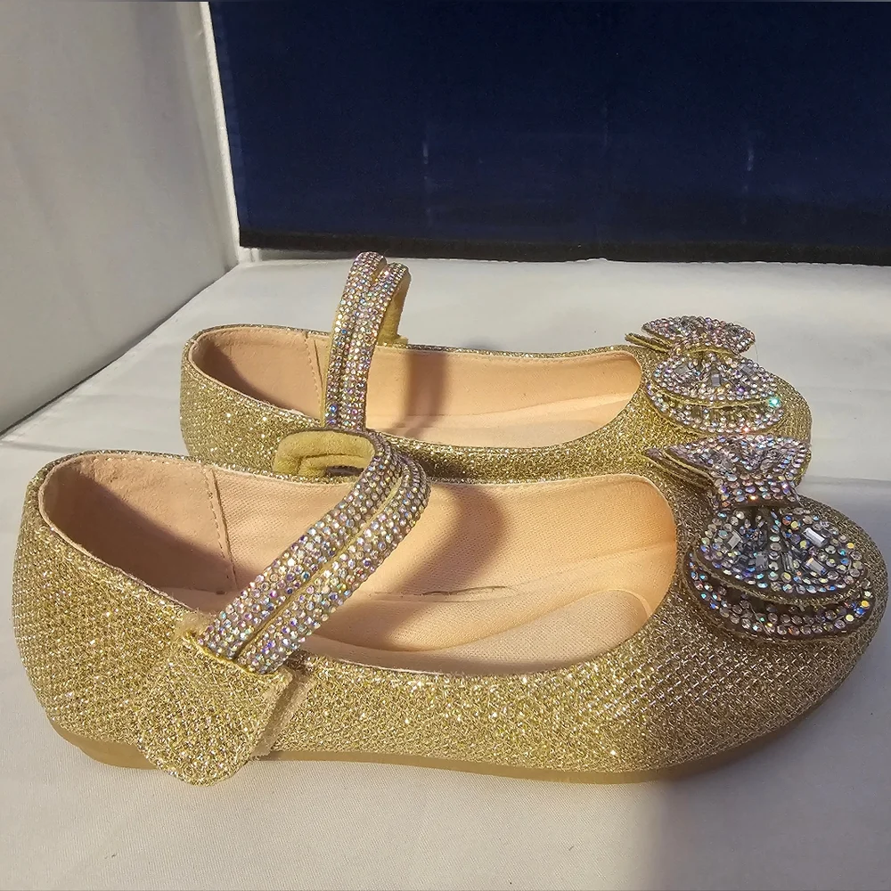 Link NEW Gold with Crystals Glitter Kids Shoes with Bow SZ 11 Toddler